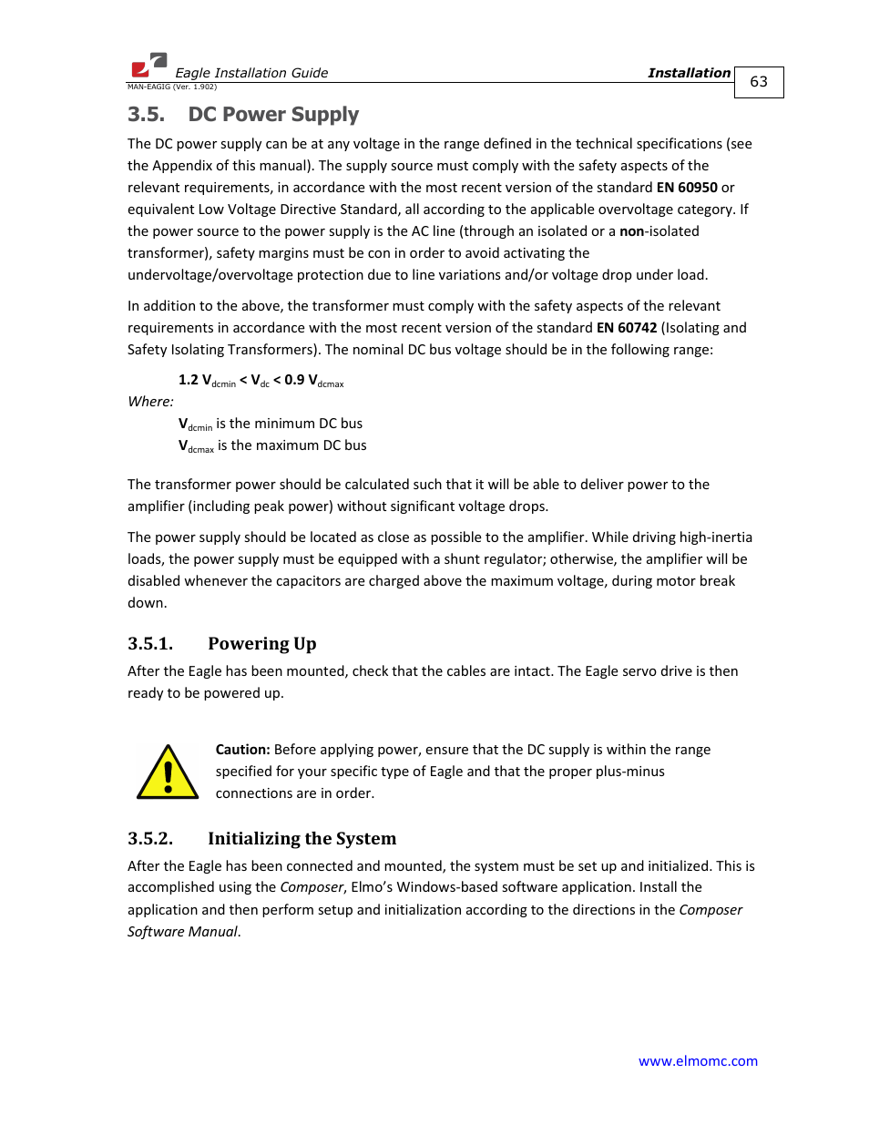 Dc power supply, Powering up, Initializing the system | Powering up 3.5.2. initializing the system | ElmoMC ExtrIQ Digital Servo Drives-Eagle User Manual | Page 63 / 87