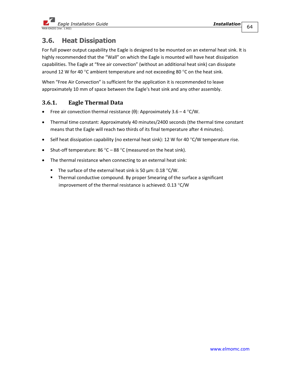 Heat dissipation, Eagle thermal data | ElmoMC ExtrIQ Digital Servo Drives-Eagle User Manual | Page 64 / 87