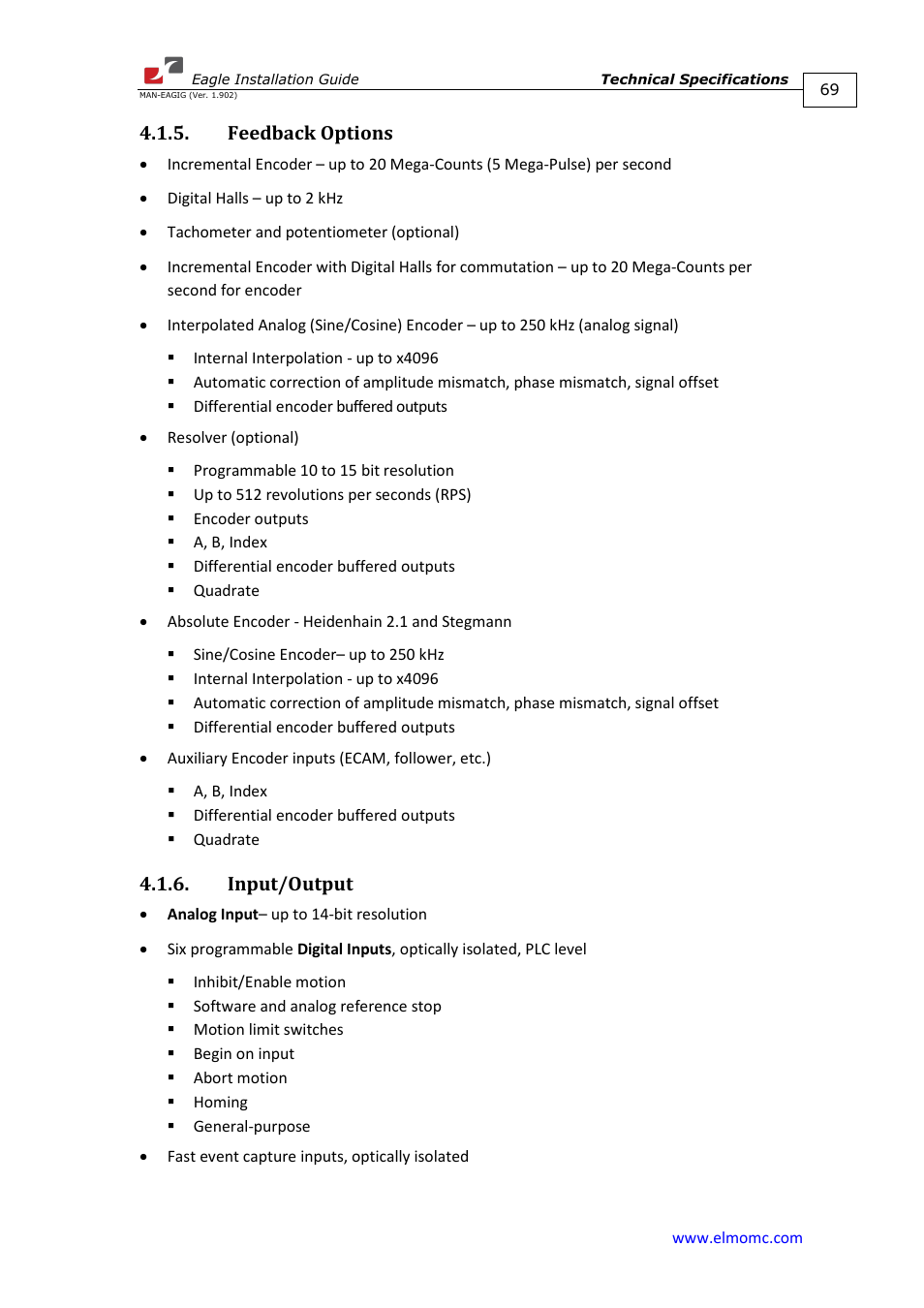 Feedback options, Input/output, Feedback options 4.1.6. input/output | ElmoMC ExtrIQ Digital Servo Drives-Eagle User Manual | Page 69 / 87