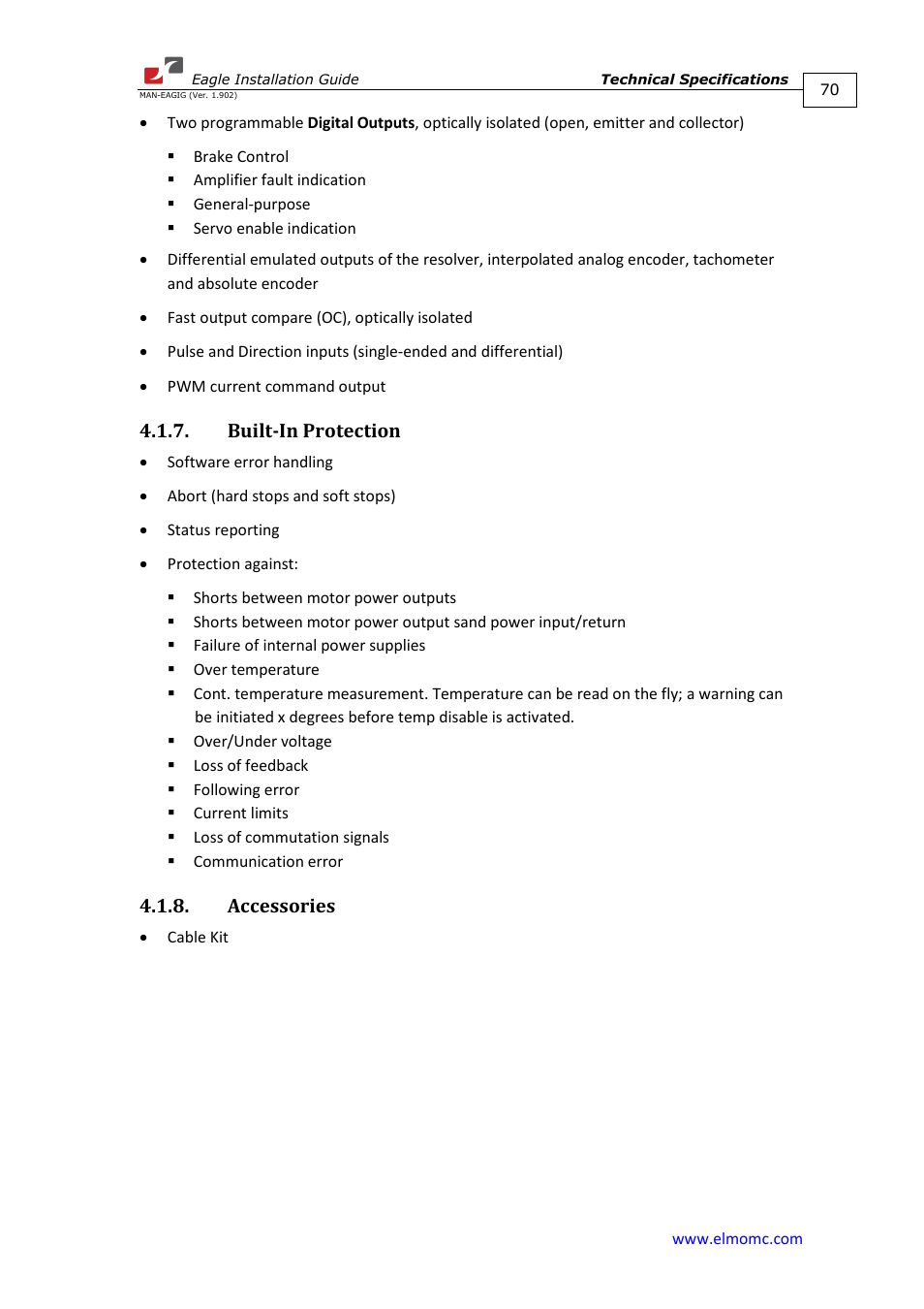 Built-in protection, Accessories, Built-in protection 4.1.8. accessories | ElmoMC ExtrIQ Digital Servo Drives-Eagle User Manual | Page 70 / 87