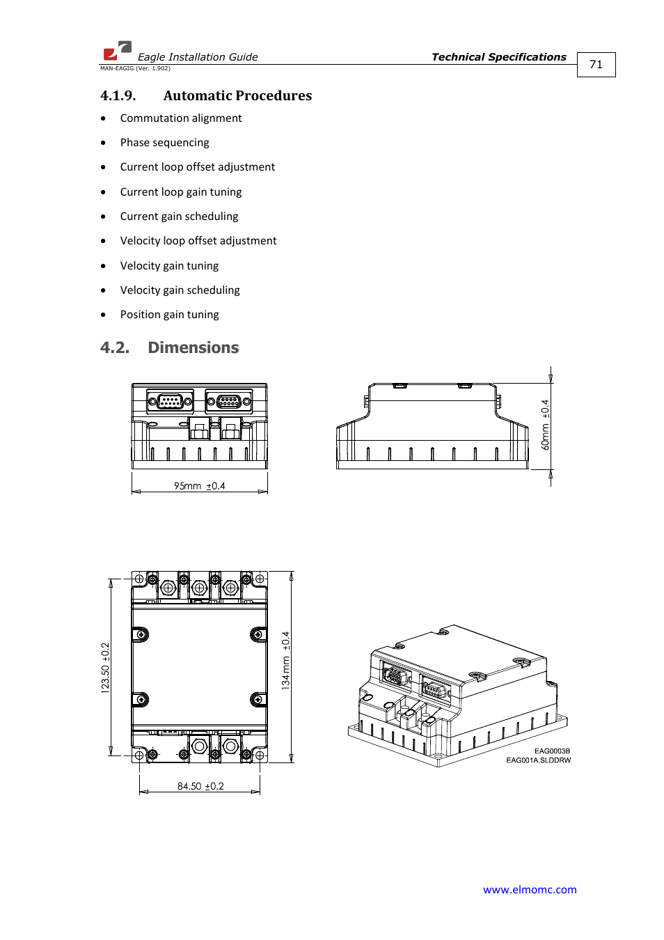 Automatic procedures, Dimensions | ElmoMC ExtrIQ Digital Servo Drives-Eagle User Manual | Page 71 / 87