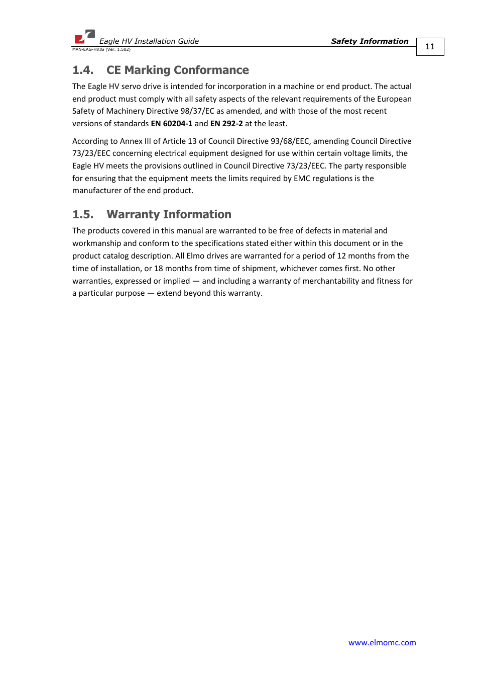 Ce marking conformance, Warranty information, Ce marking conformance 1.5. warranty information | ElmoMC ExtrIQ Digital Servo Drives-Eagle HV User Manual | Page 11 / 88