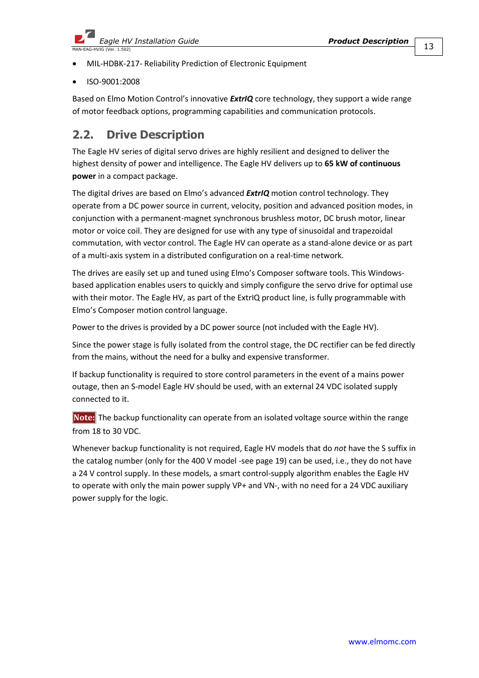 Drive description | ElmoMC ExtrIQ Digital Servo Drives-Eagle HV User Manual | Page 13 / 88