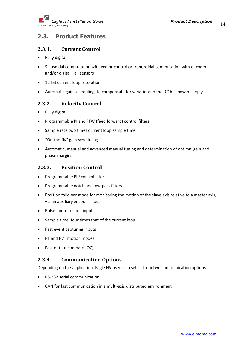 Product features, Current control, Velocity control | Position control, Communication options | ElmoMC ExtrIQ Digital Servo Drives-Eagle HV User Manual | Page 14 / 88
