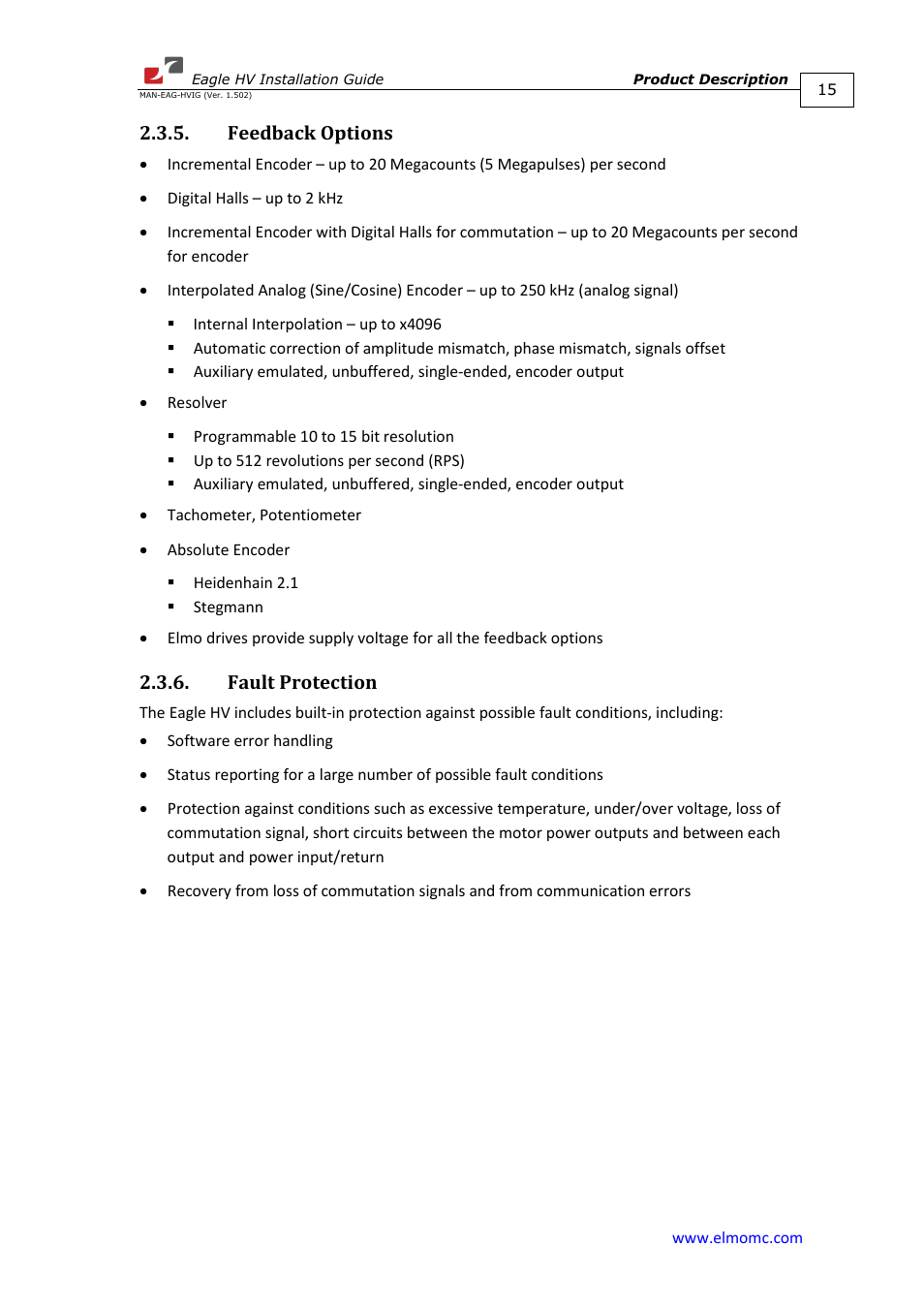 Feedback options, Fault protection, Feedback options 2.3.6. fault protection | ElmoMC ExtrIQ Digital Servo Drives-Eagle HV User Manual | Page 15 / 88