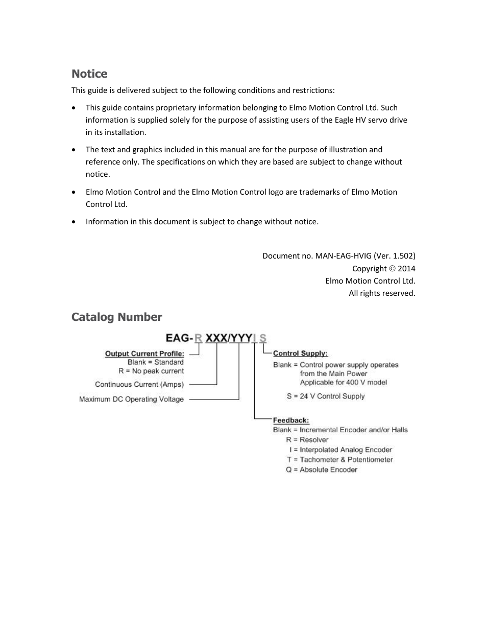 Notice, Catalog number | ElmoMC ExtrIQ Digital Servo Drives-Eagle HV User Manual | Page 2 / 88