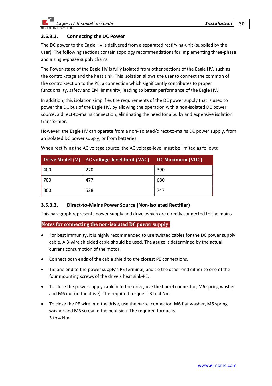 Connecting the dc power | ElmoMC ExtrIQ Digital Servo Drives-Eagle HV User Manual | Page 30 / 88
