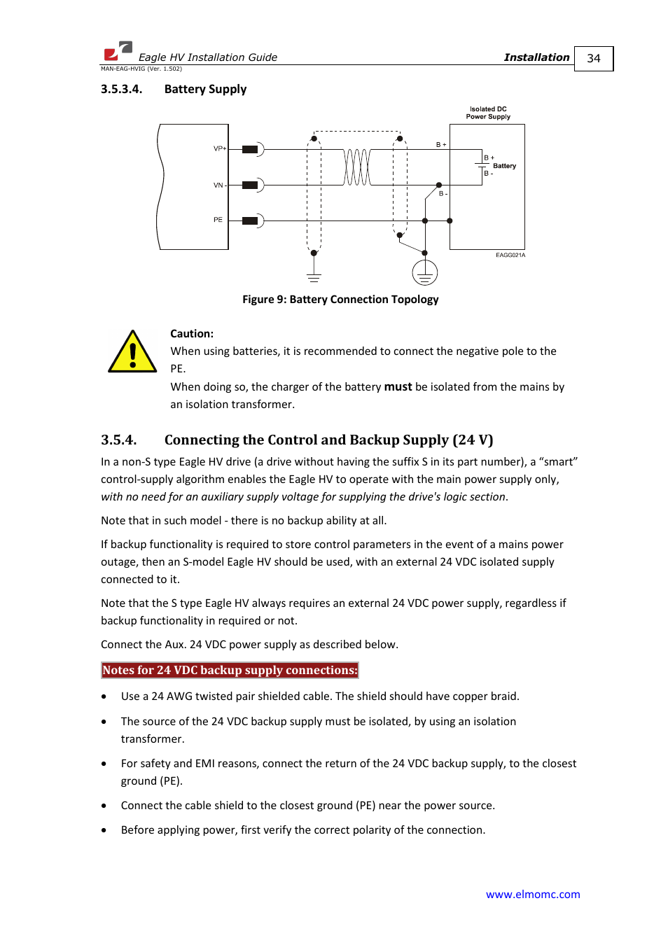 Battery supply, Connecting the control and backup supply (24 v) | ElmoMC ExtrIQ Digital Servo Drives-Eagle HV User Manual | Page 34 / 88