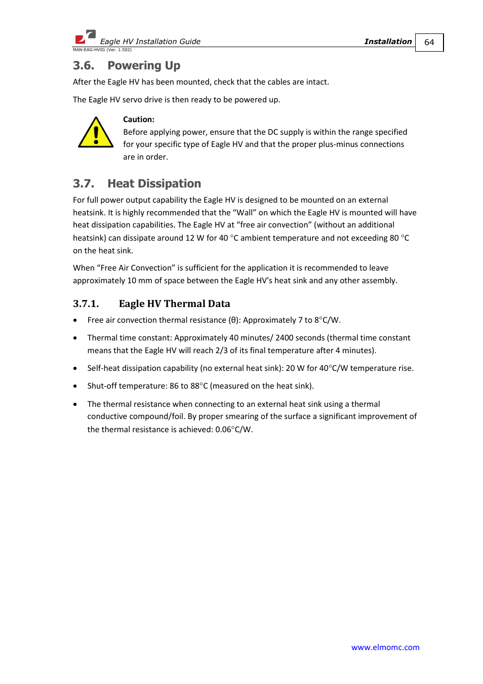 Powering up, Heat dissipation, Eagle hv thermal data | Powering up 3.7. heat dissipation | ElmoMC ExtrIQ Digital Servo Drives-Eagle HV User Manual | Page 64 / 88