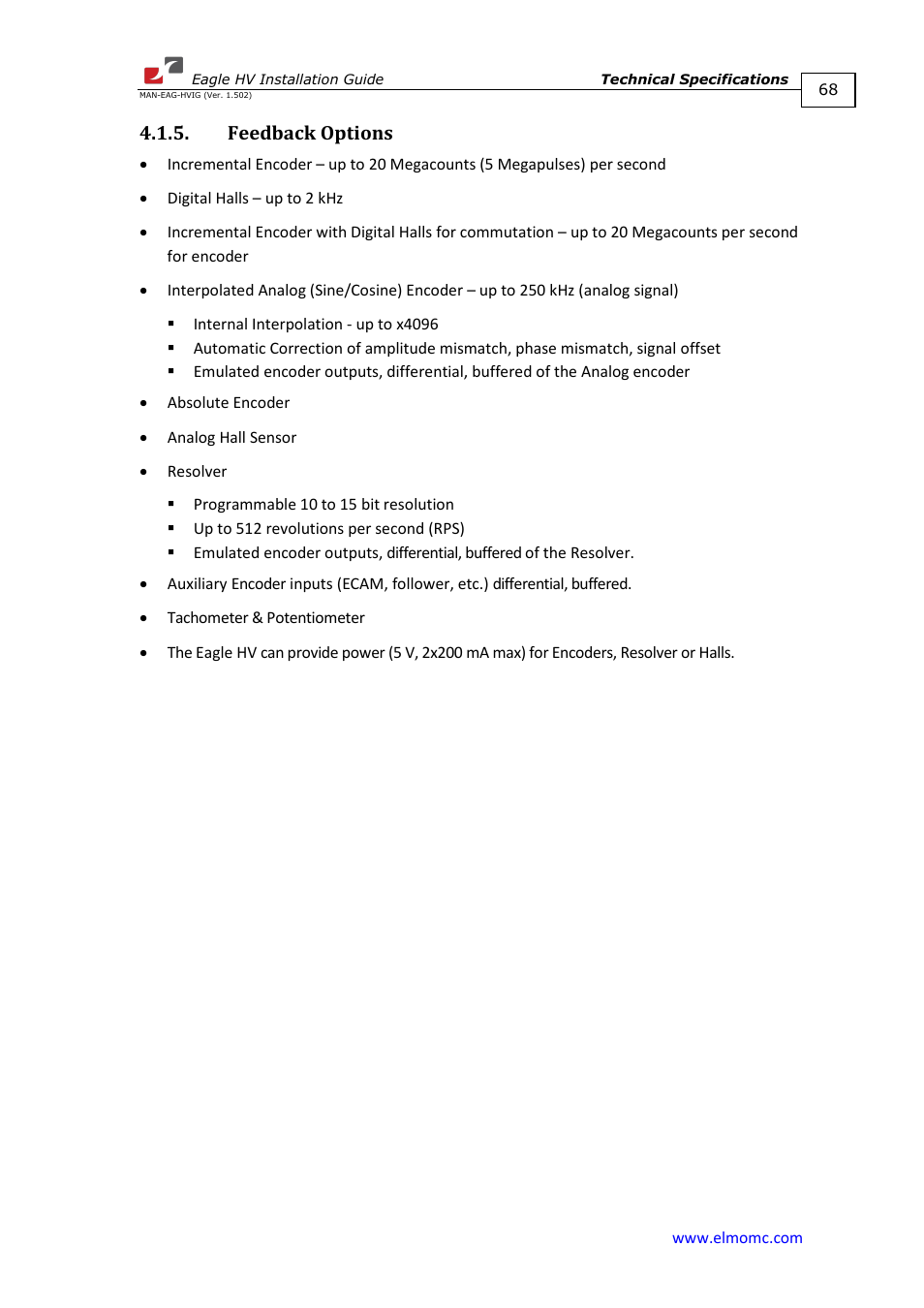 Feedback options | ElmoMC ExtrIQ Digital Servo Drives-Eagle HV User Manual | Page 68 / 88