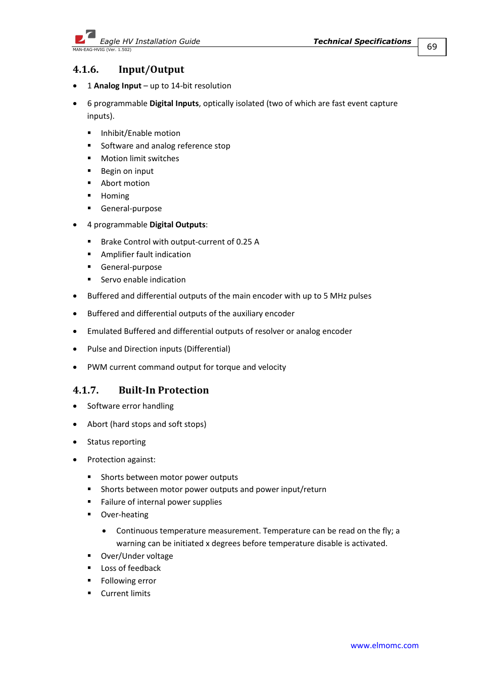 Input/output, Built-in protection, Input/output 4.1.7. built-in protection | ElmoMC ExtrIQ Digital Servo Drives-Eagle HV User Manual | Page 69 / 88