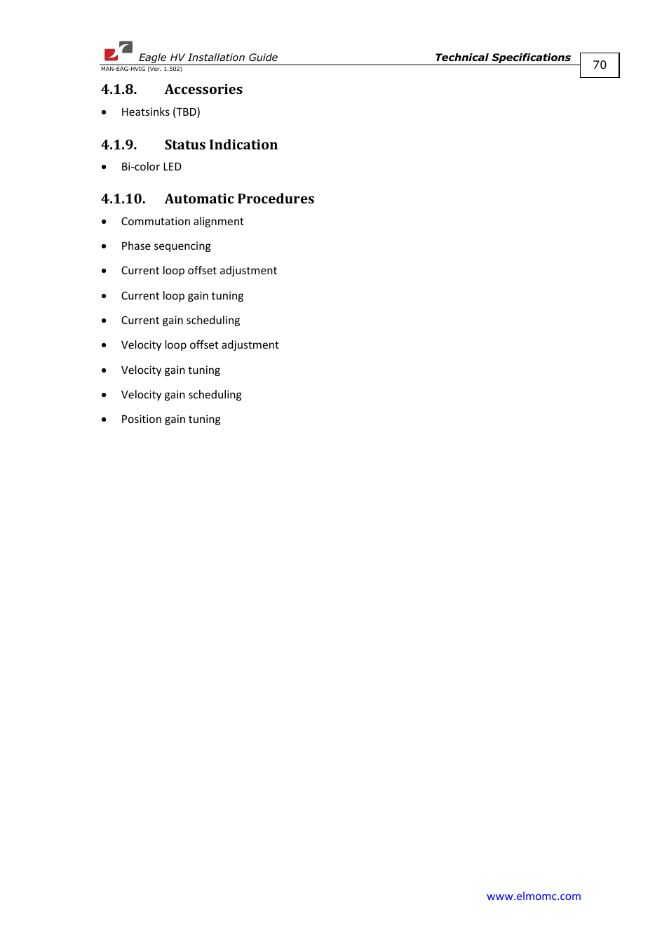 Accessories, Status indication, Automatic procedures | ElmoMC ExtrIQ Digital Servo Drives-Eagle HV User Manual | Page 70 / 88