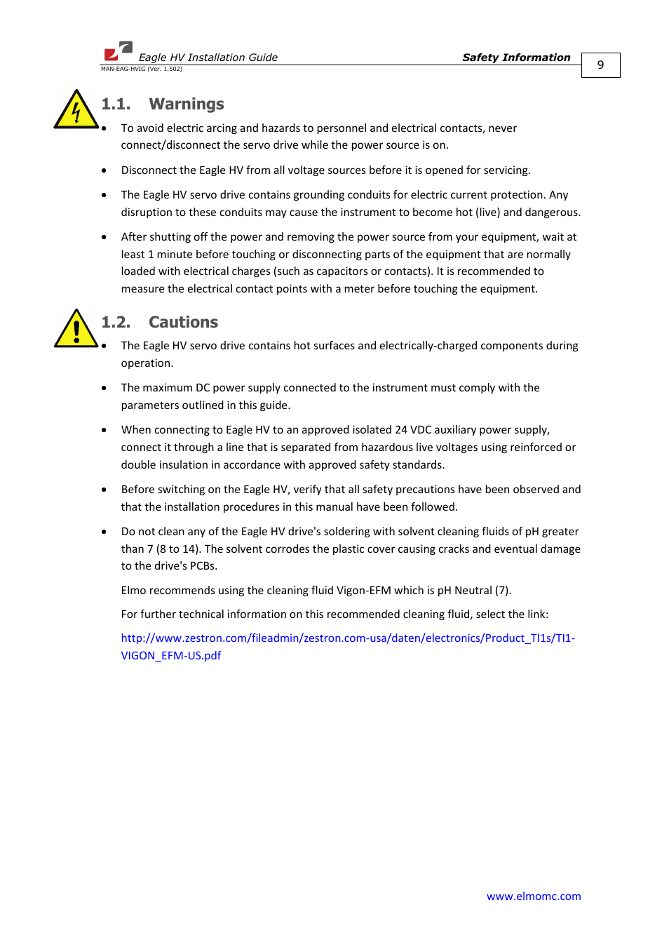 Warnings, Cautions, Warnings 1.2. cautions | ElmoMC ExtrIQ Digital Servo Drives-Eagle HV User Manual | Page 9 / 88