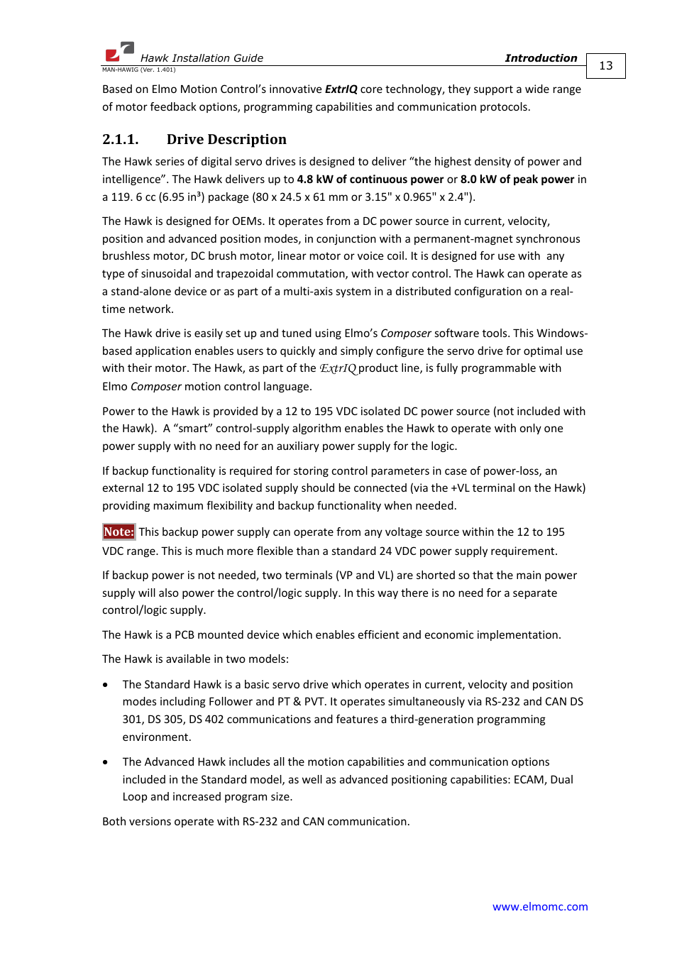 Drive description | ElmoMC ExtrIQ Digital Servo Drives-Hawk User Manual | Page 13 / 80