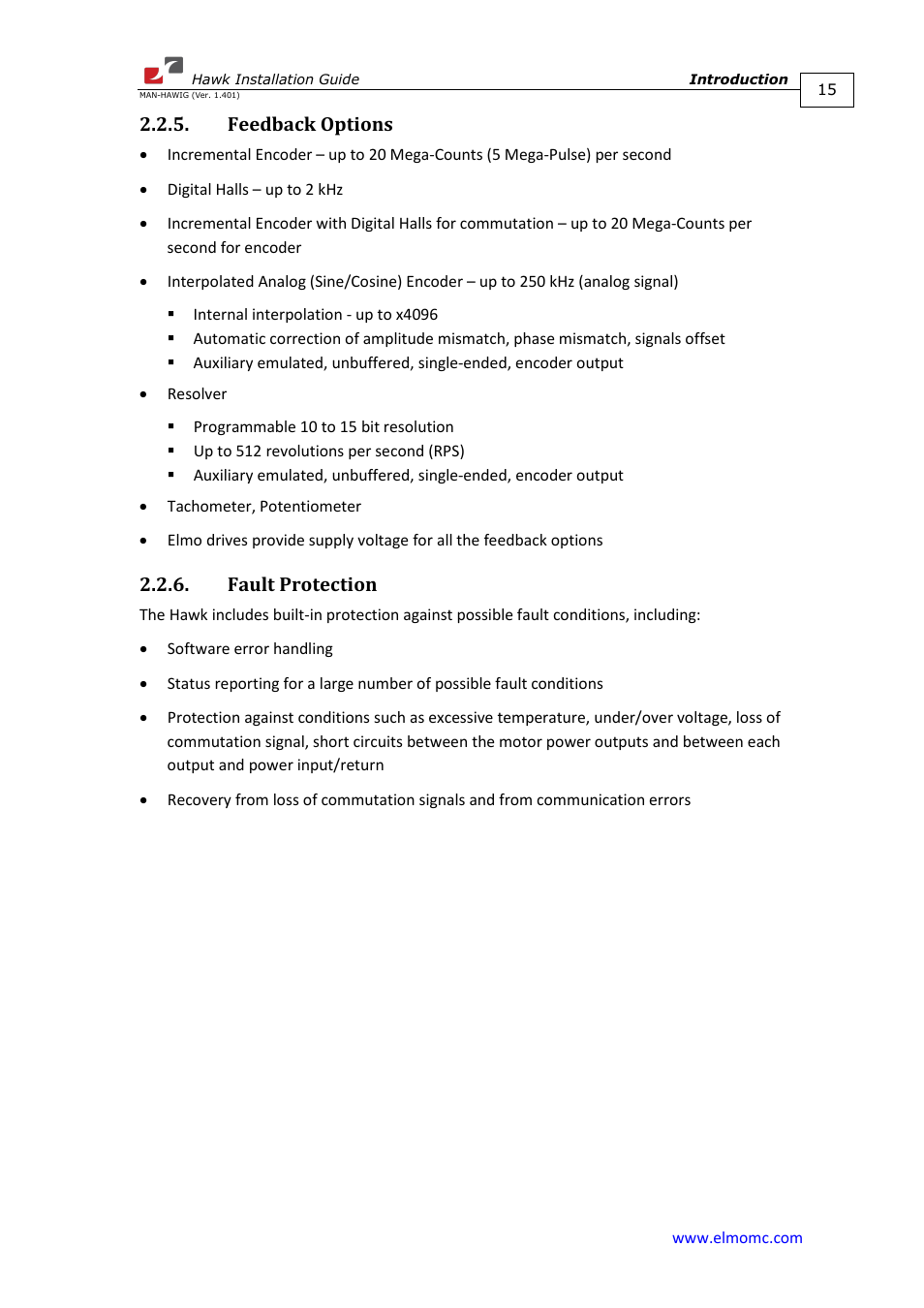 Feedback options, Fault protection, Feedback options 2.2.6. fault protection | ElmoMC ExtrIQ Digital Servo Drives-Hawk User Manual | Page 15 / 80