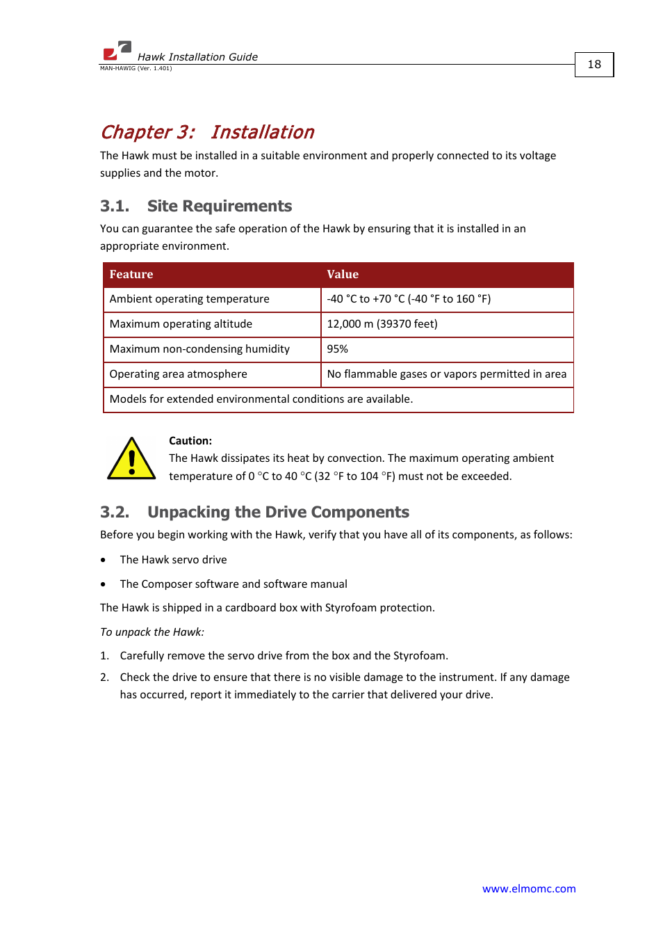 Chapter 3: installation, Site requirements, Unpacking the drive components | Chapter 3, Installation | ElmoMC ExtrIQ Digital Servo Drives-Hawk User Manual | Page 18 / 80