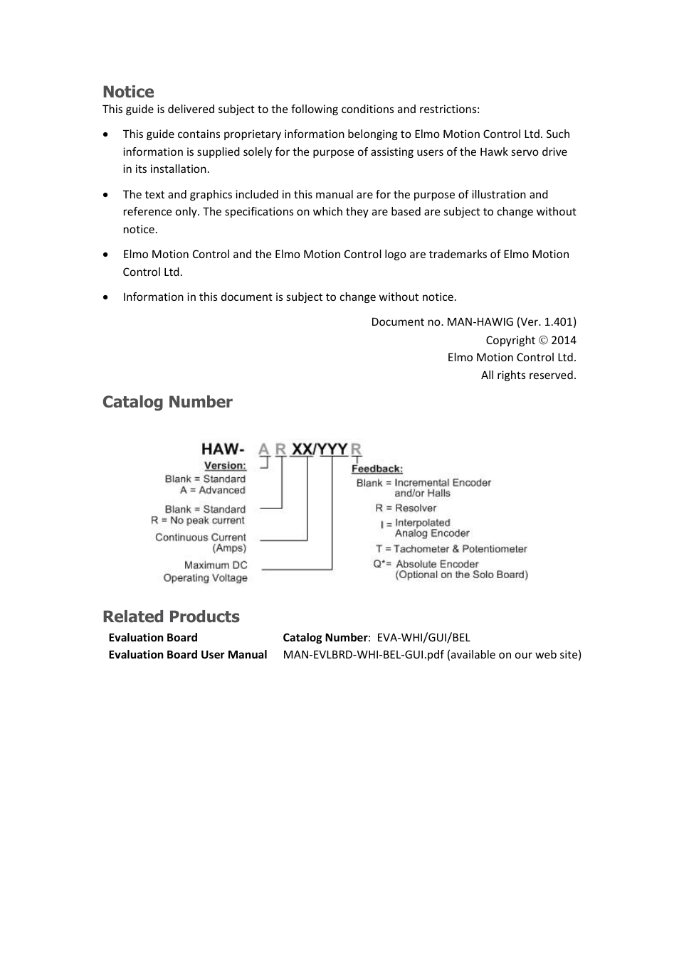 Notice, Catalog number, Related products | ElmoMC ExtrIQ Digital Servo Drives-Hawk User Manual | Page 2 / 80