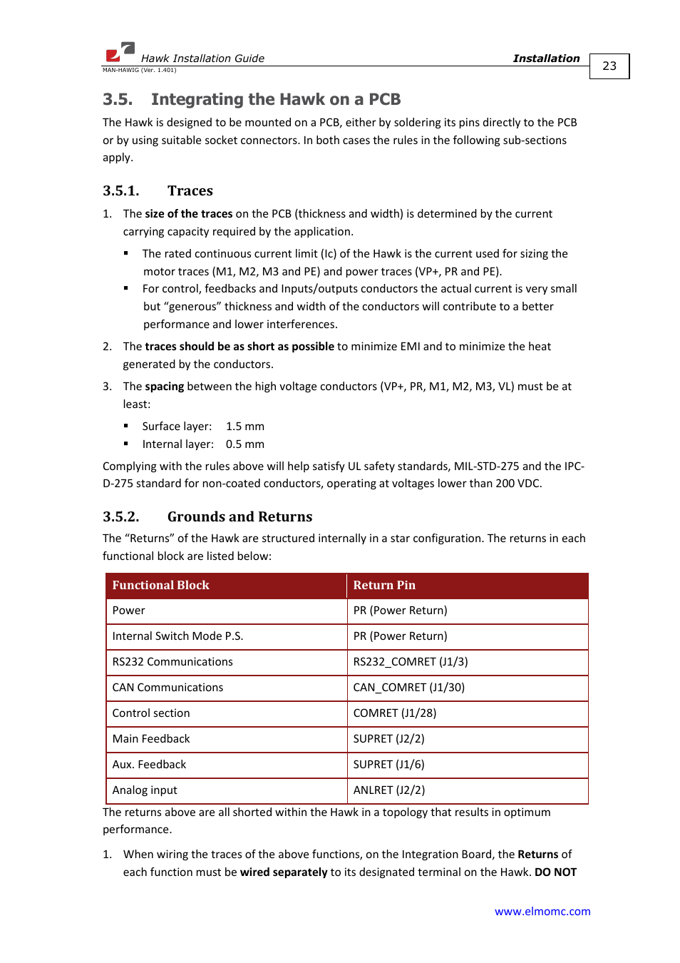 Integrating the hawk on a pcb, Traces, Grounds and returns | Traces 3.5.2. grounds and returns | ElmoMC ExtrIQ Digital Servo Drives-Hawk User Manual | Page 23 / 80