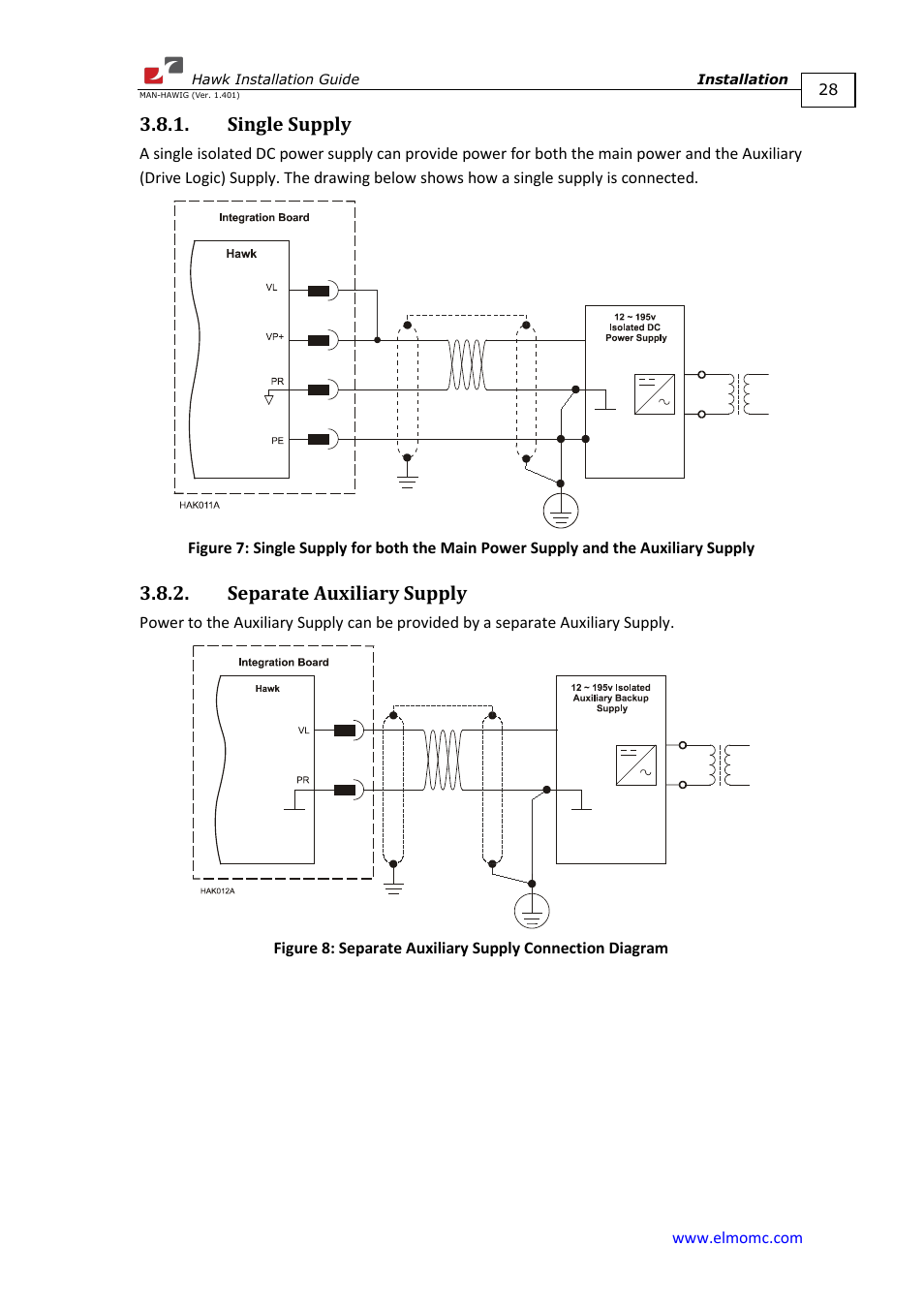 Single supply, Separate auxiliary supply, Single supply 3.8.2. separate auxiliary supply | ElmoMC ExtrIQ Digital Servo Drives-Hawk User Manual | Page 28 / 80