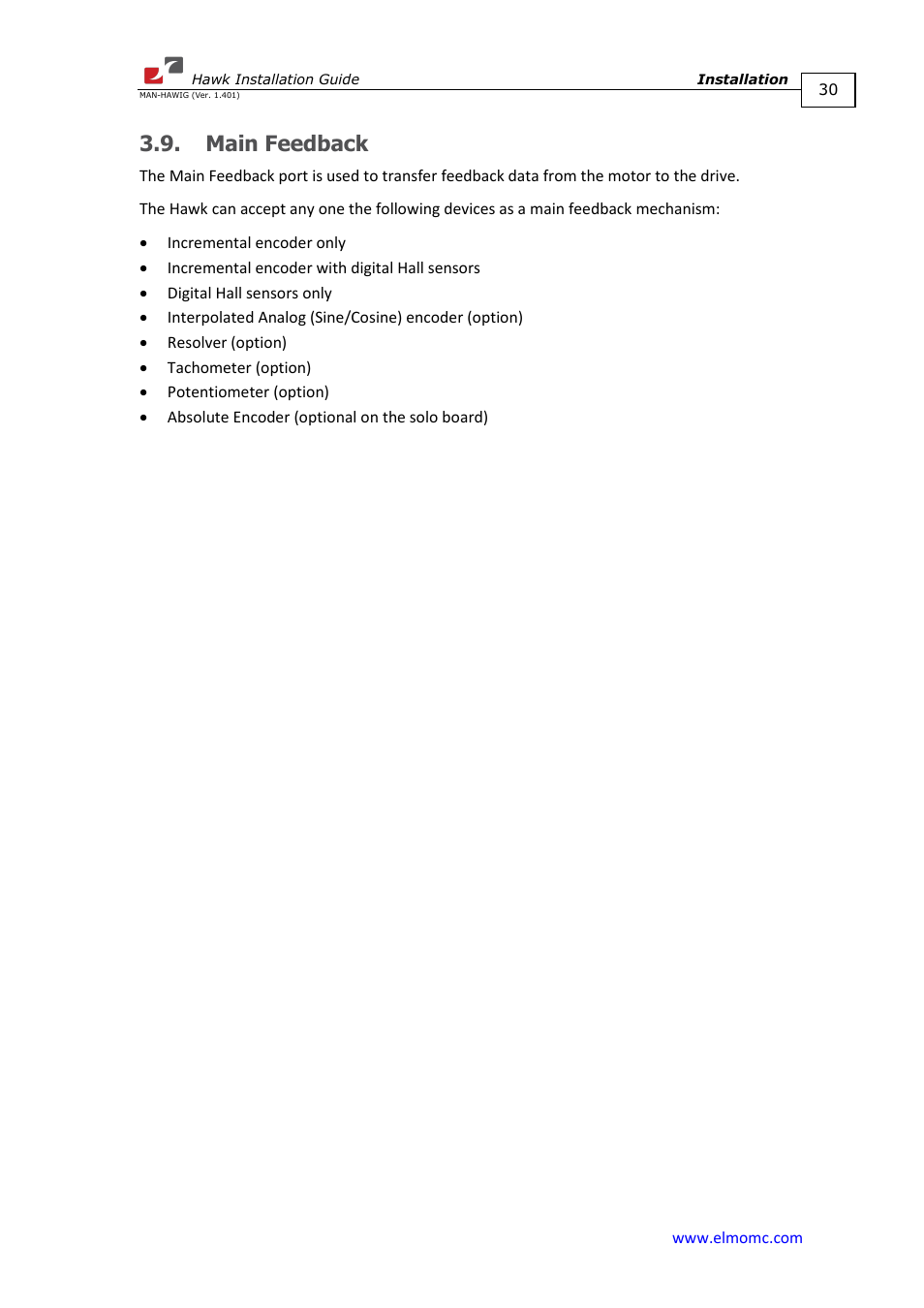 Main feedback | ElmoMC ExtrIQ Digital Servo Drives-Hawk User Manual | Page 30 / 80