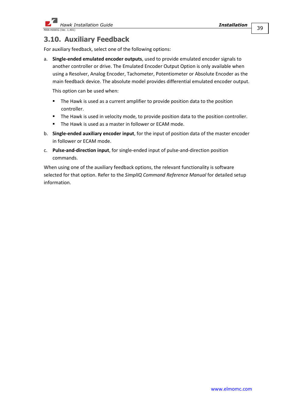 Auxiliary feedback | ElmoMC ExtrIQ Digital Servo Drives-Hawk User Manual | Page 39 / 80