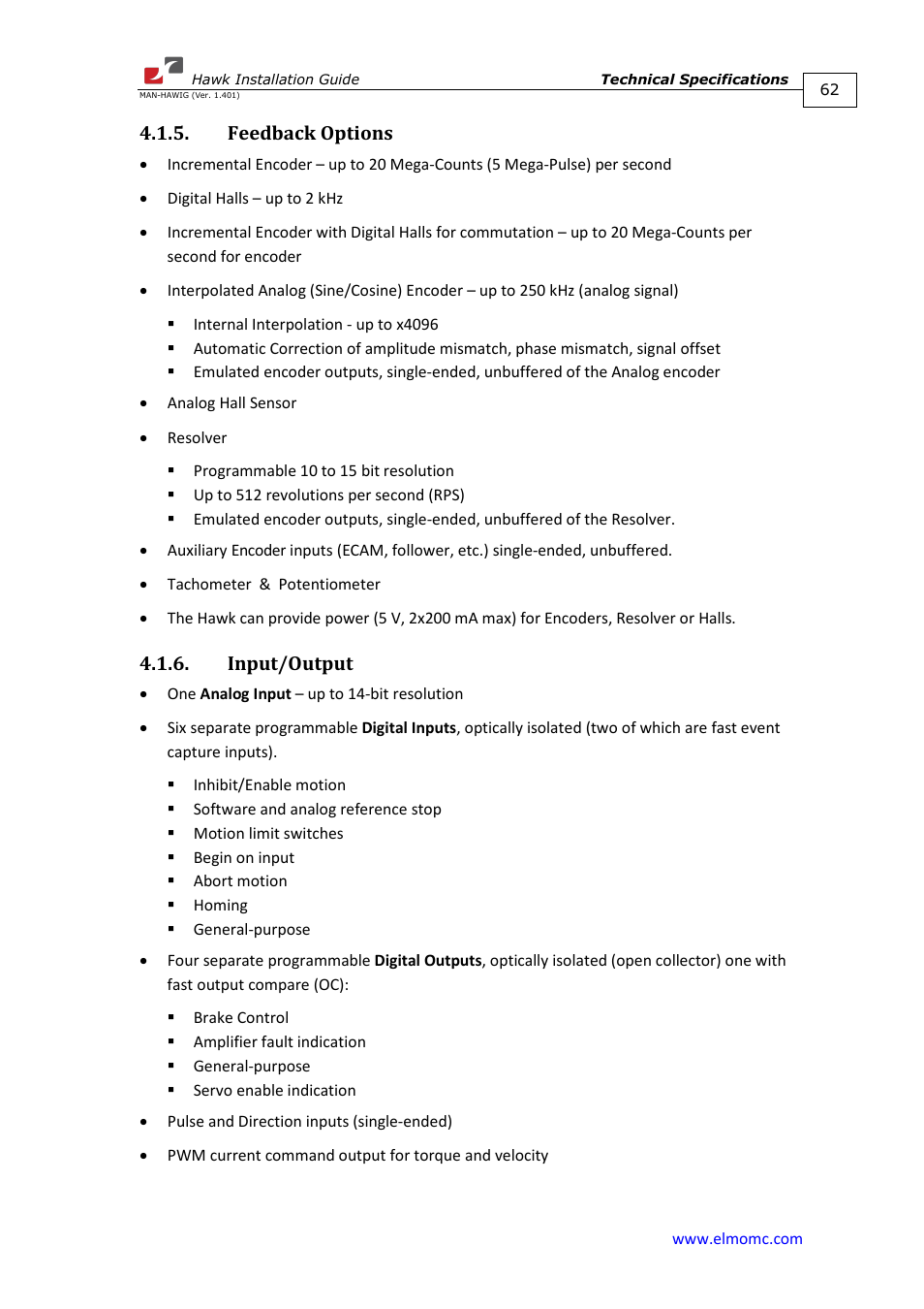 Feedback options, Input/output, Feedback options 4.1.6. input/output | ElmoMC ExtrIQ Digital Servo Drives-Hawk User Manual | Page 62 / 80