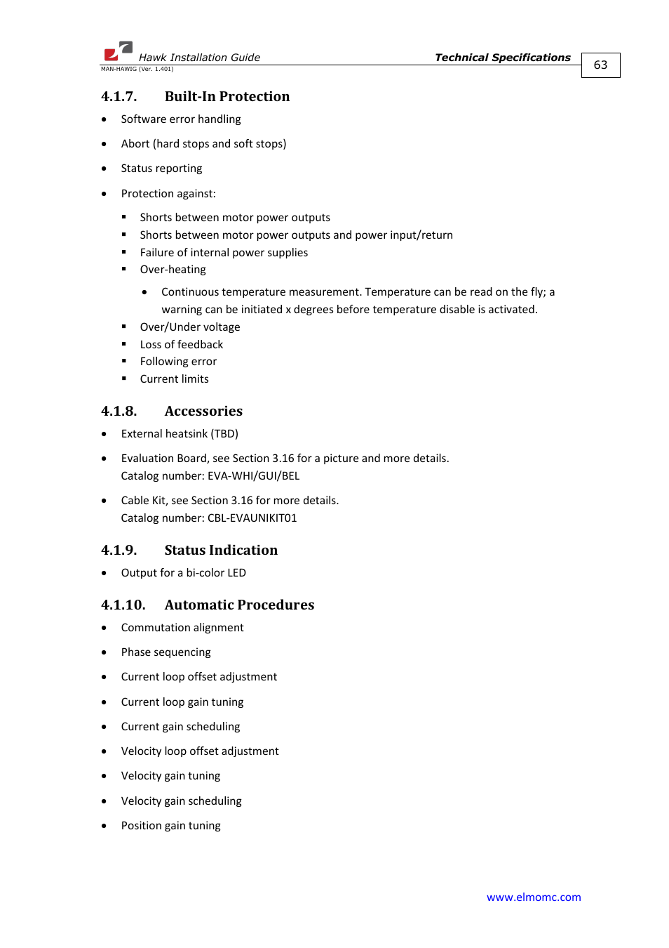 Built-in protection, Accessories, Status indication | Automatic procedures | ElmoMC ExtrIQ Digital Servo Drives-Hawk User Manual | Page 63 / 80