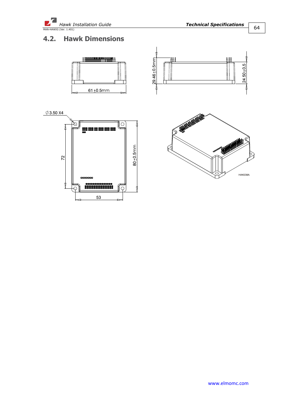Hawk dimensions | ElmoMC ExtrIQ Digital Servo Drives-Hawk User Manual | Page 64 / 80