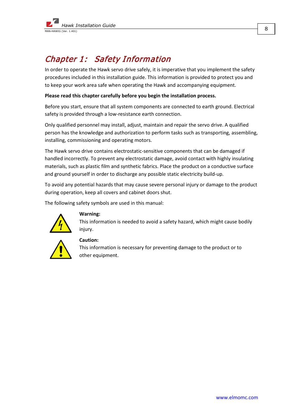 Chapter 1: safety information, Chapter 1, Safety information | ElmoMC ExtrIQ Digital Servo Drives-Hawk User Manual | Page 8 / 80