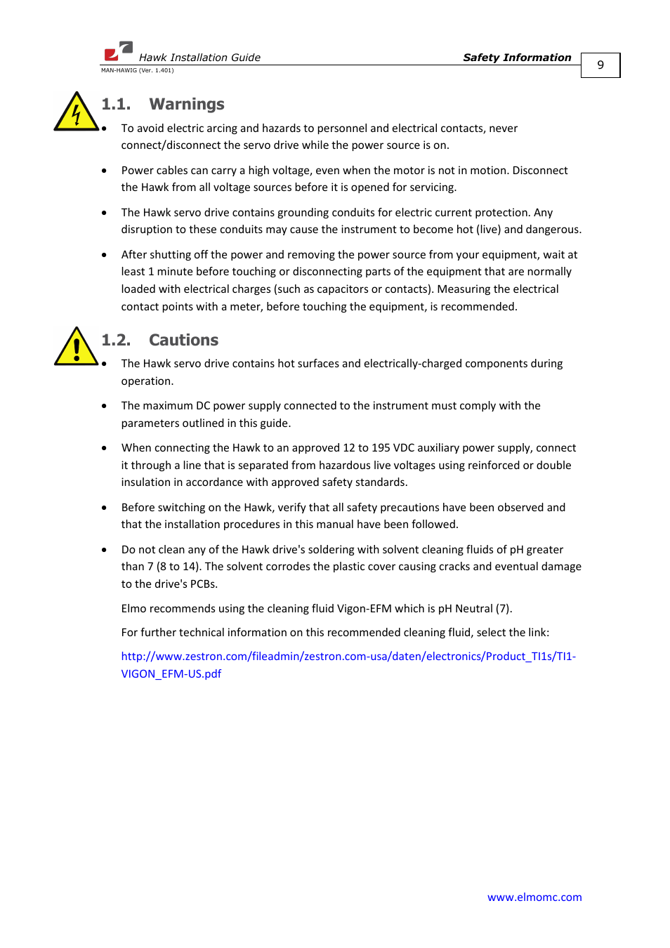 Warnings, Cautions, Warnings 1.2. cautions | ElmoMC ExtrIQ Digital Servo Drives-Hawk User Manual | Page 9 / 80