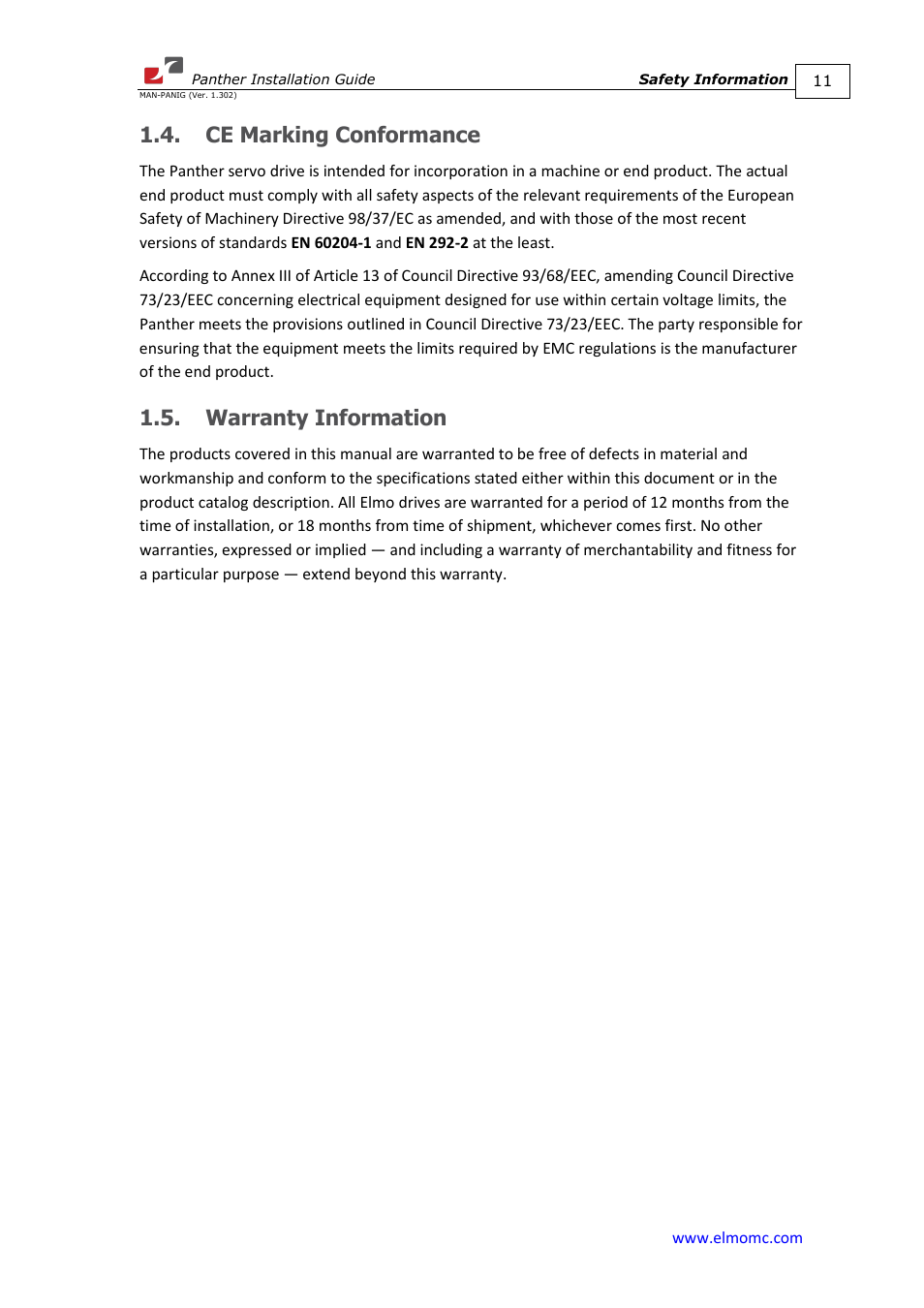 Ce marking conformance, Warranty information, Ce marking conformance 1.5. warranty information | ElmoMC ExtrIQ Digital Servo Drives-Panther User Manual | Page 11 / 88