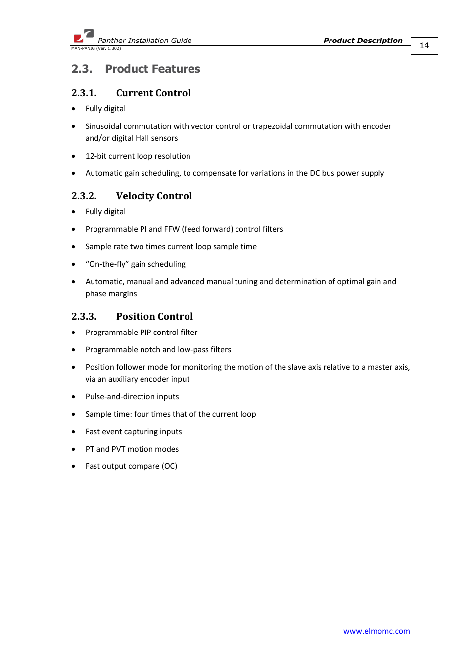 Product features, Current control, Velocity control | Position control | ElmoMC ExtrIQ Digital Servo Drives-Panther User Manual | Page 14 / 88