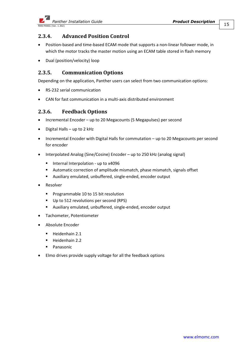 Advanced position control, Communication options, Feedback options | ElmoMC ExtrIQ Digital Servo Drives-Panther User Manual | Page 15 / 88