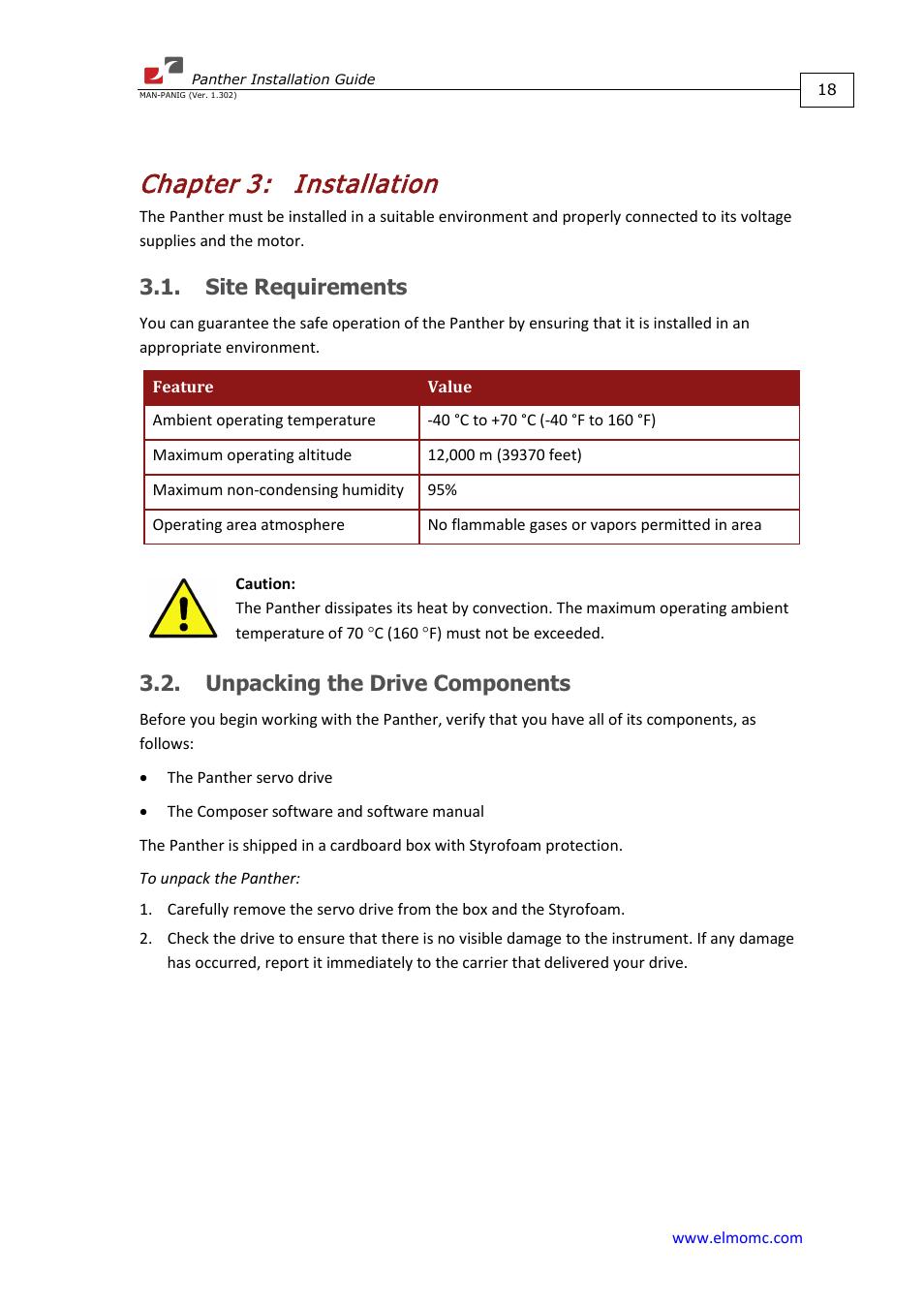 Chapter 3: installation, Site requirements, Unpacking the drive components | Chapter 3, Installation | ElmoMC ExtrIQ Digital Servo Drives-Panther User Manual | Page 18 / 88