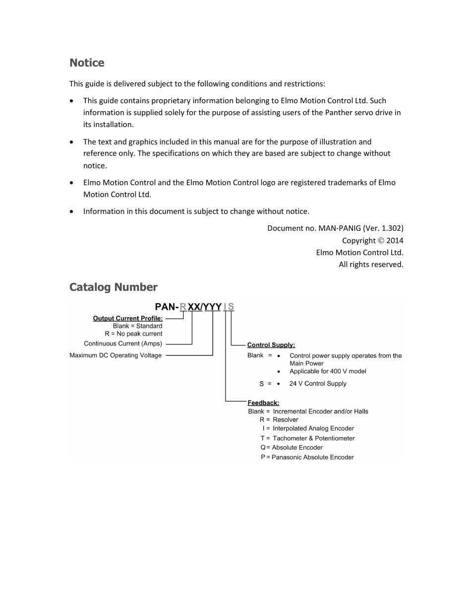 Notice, Catalog number | ElmoMC ExtrIQ Digital Servo Drives-Panther User Manual | Page 2 / 88