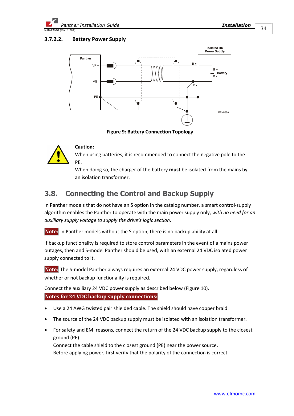 Battery power supply, Connecting the control and backup supply, D figure 9) | ElmoMC ExtrIQ Digital Servo Drives-Panther User Manual | Page 34 / 88