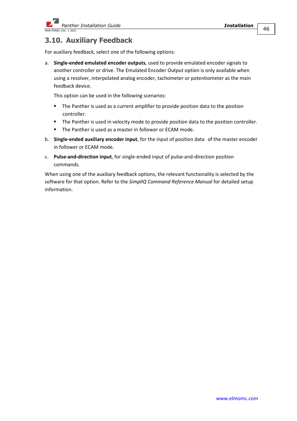 Auxiliary feedback | ElmoMC ExtrIQ Digital Servo Drives-Panther User Manual | Page 46 / 88