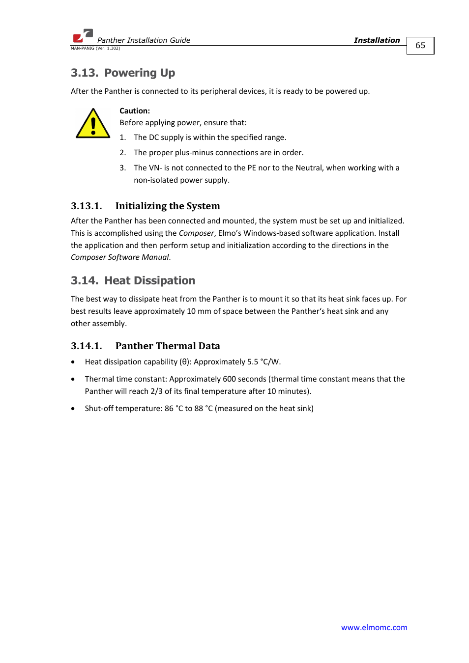 Powering up, Initializing the system, Heat dissipation | Panther thermal data | ElmoMC ExtrIQ Digital Servo Drives-Panther User Manual | Page 65 / 88