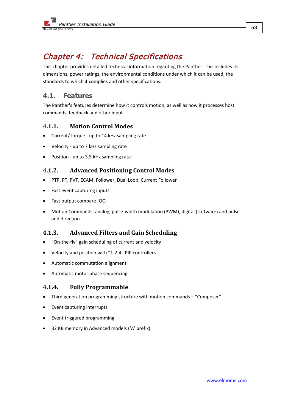 Chapter 4: technical specifications, Features, Motion control modes | Advanced positioning control modes, Advanced filters and gain scheduling, Fully programmable, Chapter 4, Technical specifications | ElmoMC ExtrIQ Digital Servo Drives-Panther User Manual | Page 68 / 88