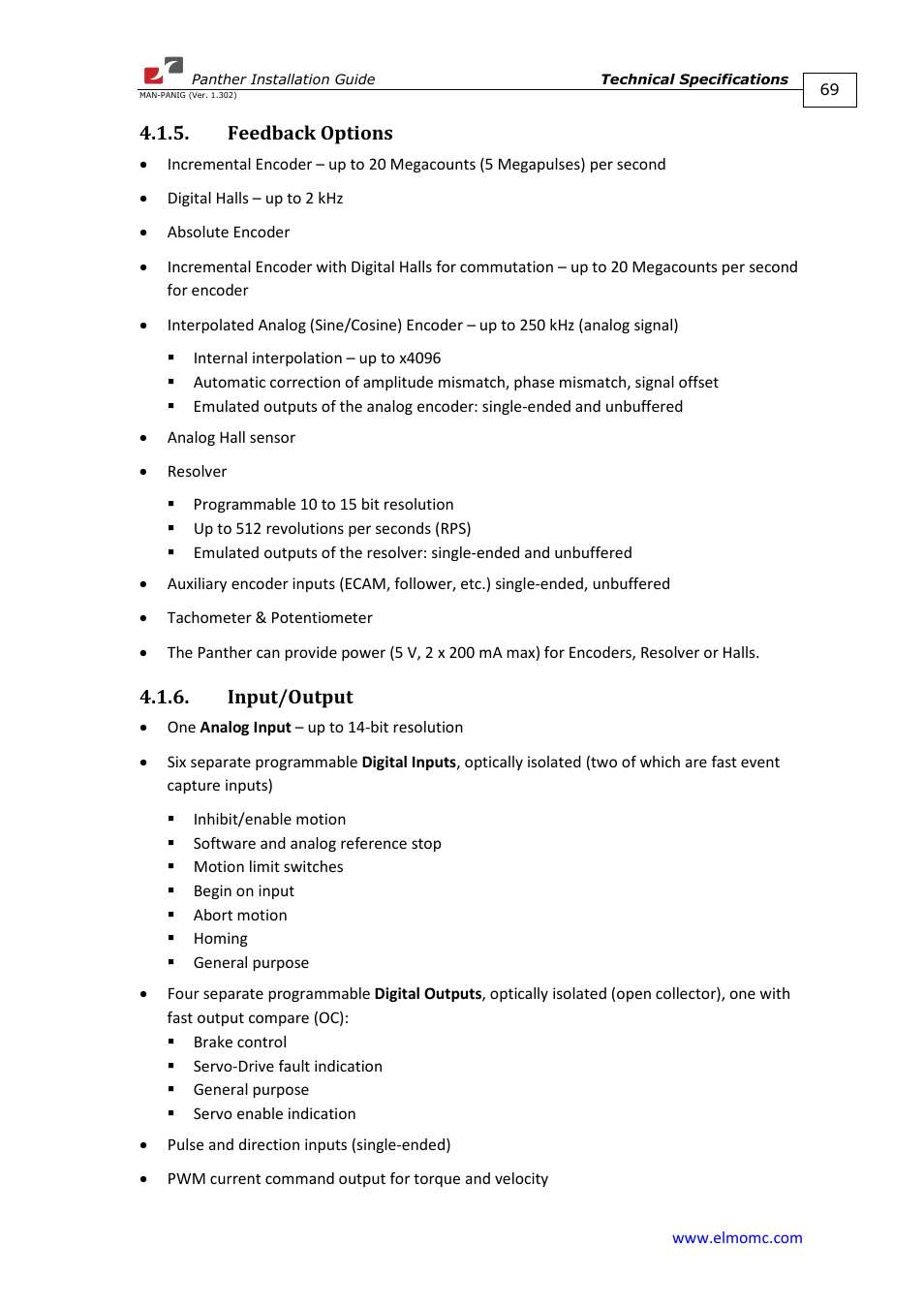Feedback options, Input/output, Feedback options 4.1.6. input/output | ElmoMC ExtrIQ Digital Servo Drives-Panther User Manual | Page 69 / 88