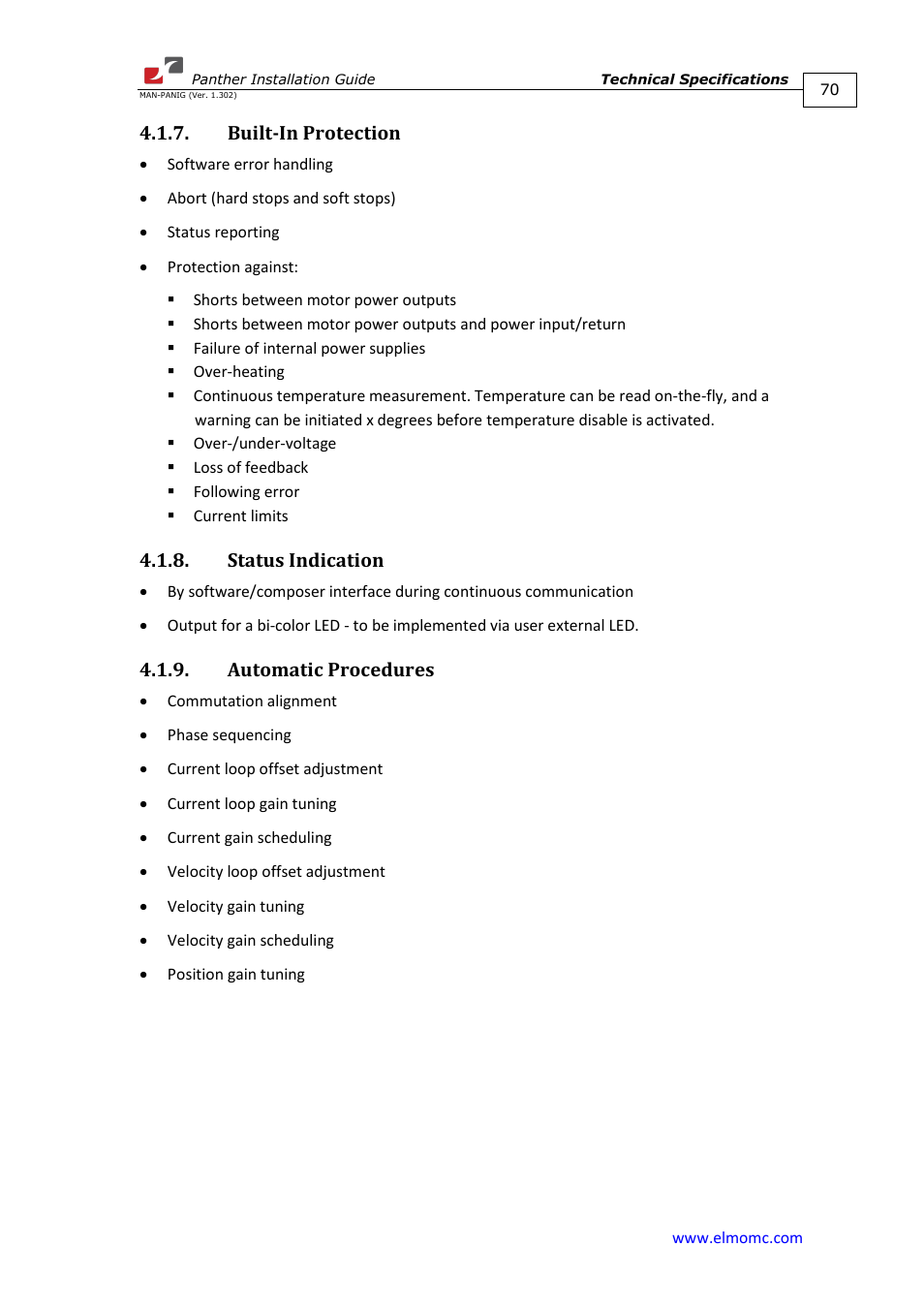 Built-in protection, Status indication, Automatic procedures | ElmoMC ExtrIQ Digital Servo Drives-Panther User Manual | Page 70 / 88