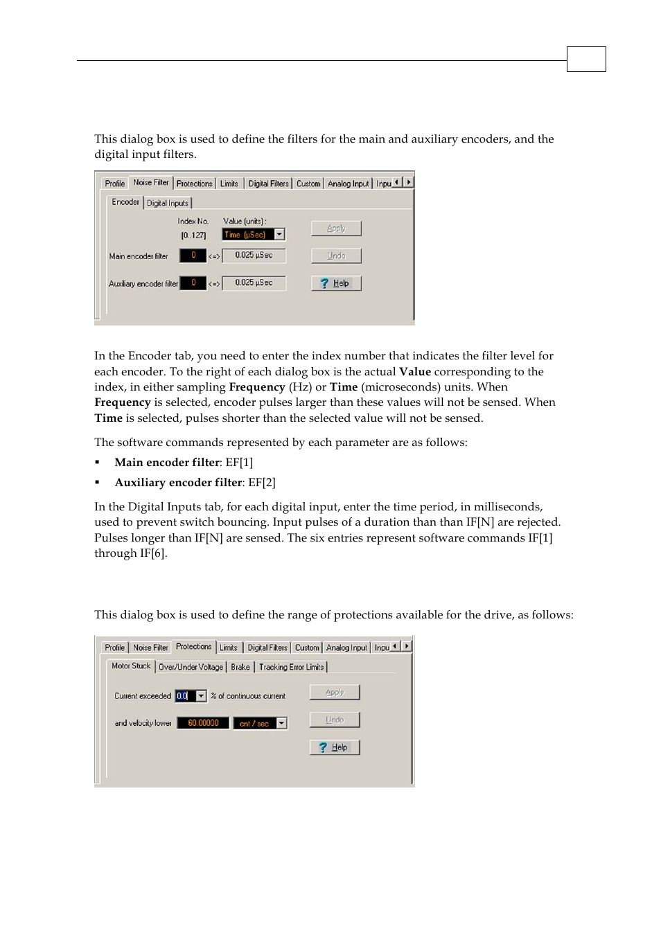 2 noise filter dialog box, 3 protections dialog box | ElmoMC SimplIQ Servo Drives Composer User Manual User Manual | Page 61 / 101