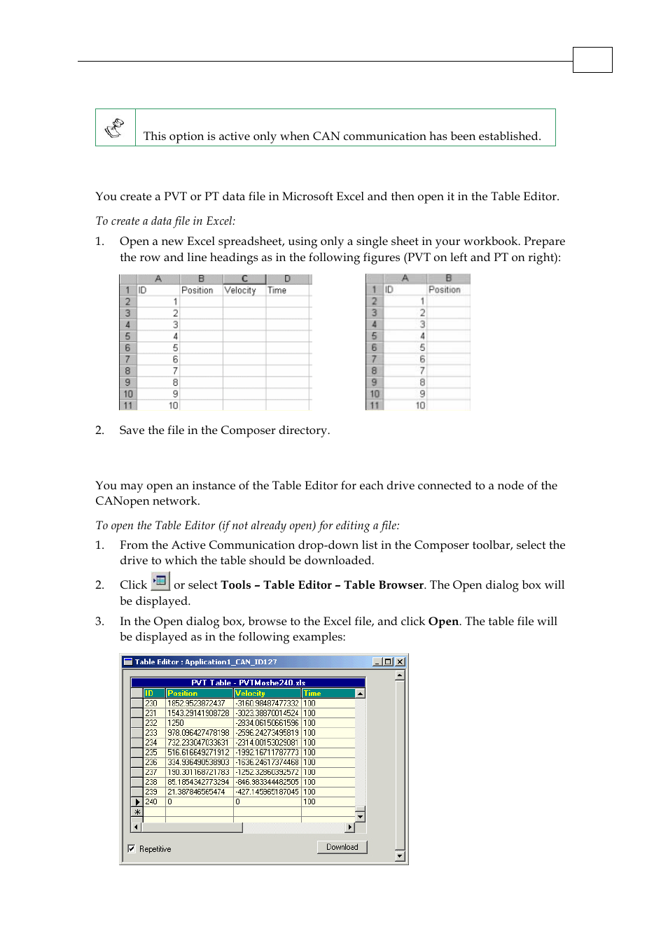 1 creating a pvt or pt data file, 2 editing a file in the table editor | ElmoMC SimplIQ Servo Drives Composer User Manual User Manual | Page 75 / 101