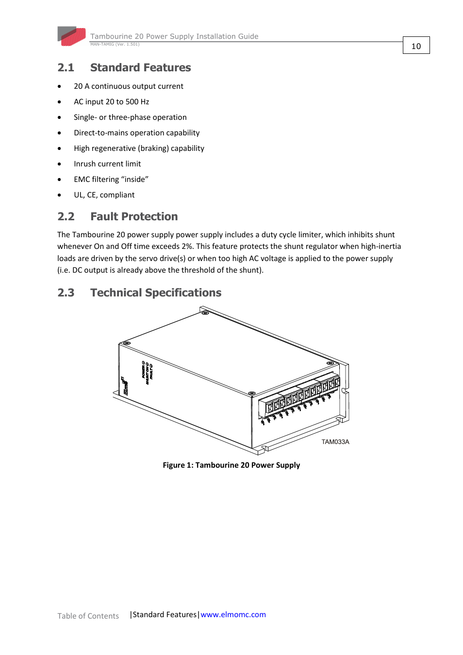 1 standard features, 2 fault protection, 3 technical specifications | Standard features, Fault protection, Technical specifications | ElmoMC Power Supplies-TAM-20 User Manual | Page 10 / 31