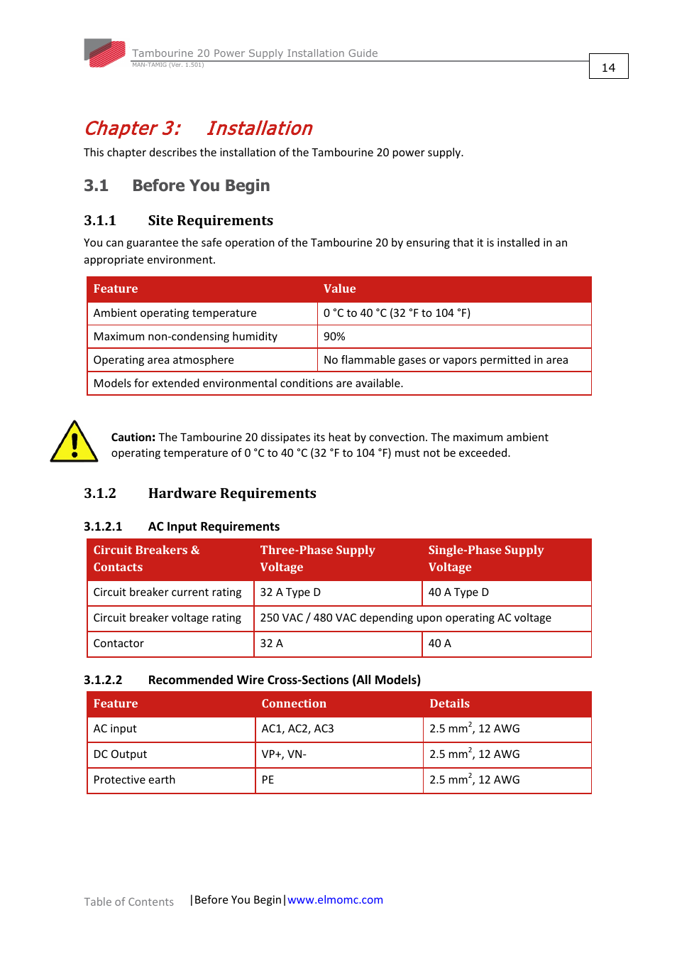 Chapter 3: installation, 1 before you begin, 1 site requirements | 2 hardware requirements, 1 ac input requirements, 2 recommended wire cross-sections (all models), Chapter 3, Installation, Before you begin 3.1.1, Site requirements | ElmoMC Power Supplies-TAM-20 User Manual | Page 14 / 31