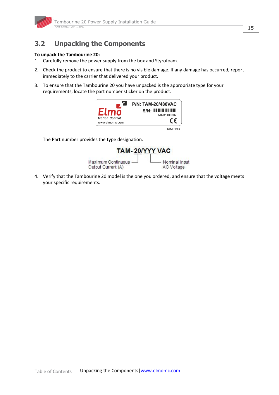 2 unpacking the components, Unpacking the components | ElmoMC Power Supplies-TAM-20 User Manual | Page 15 / 31