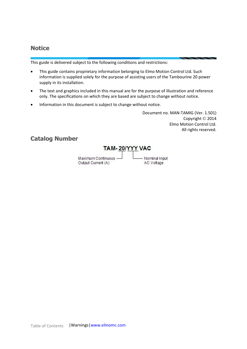 Notice, Catalog number | ElmoMC Power Supplies-TAM-20 User Manual | Page 2 / 31