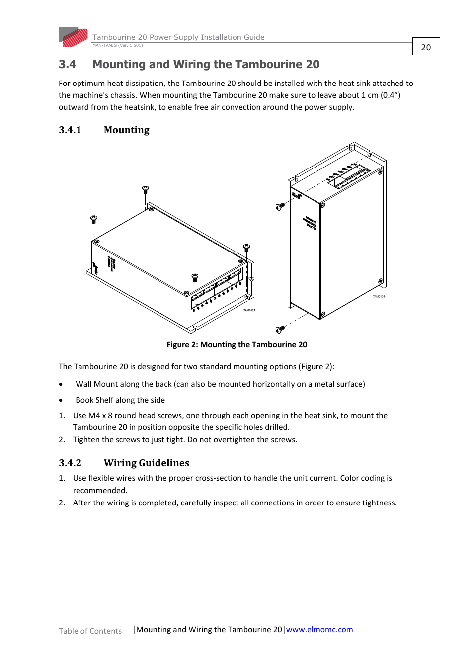 4 mounting and wiring the tambourine 20, 1 mounting, 2 wiring guidelines | Mounting and wiring the tambourine 20 3.4.1, Mounting, Wiring guidelines | ElmoMC Power Supplies-TAM-20 User Manual | Page 20 / 31