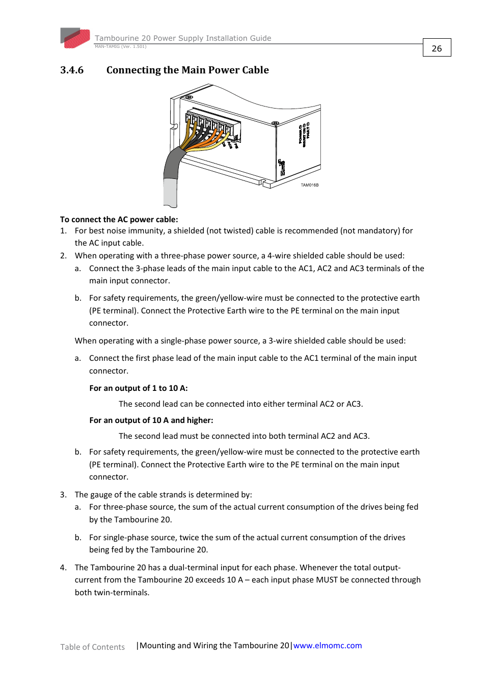 6 connecting the main power cable, Connecting the main power cable | ElmoMC Power Supplies-TAM-20 User Manual | Page 26 / 31