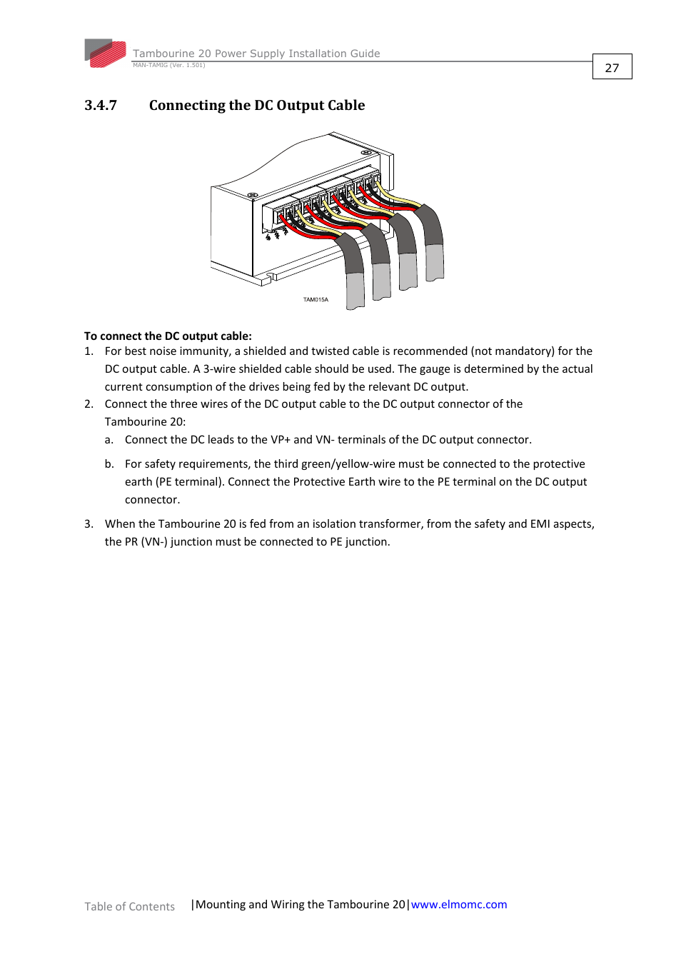 7 connecting the dc output cable, Connecting the dc output cable | ElmoMC Power Supplies-TAM-20 User Manual | Page 27 / 31